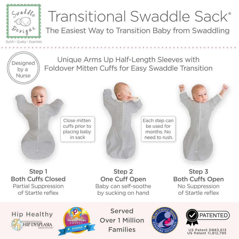 SwaddleDesigns 2-way zipper facilitates quick diaper changes during naps or night.