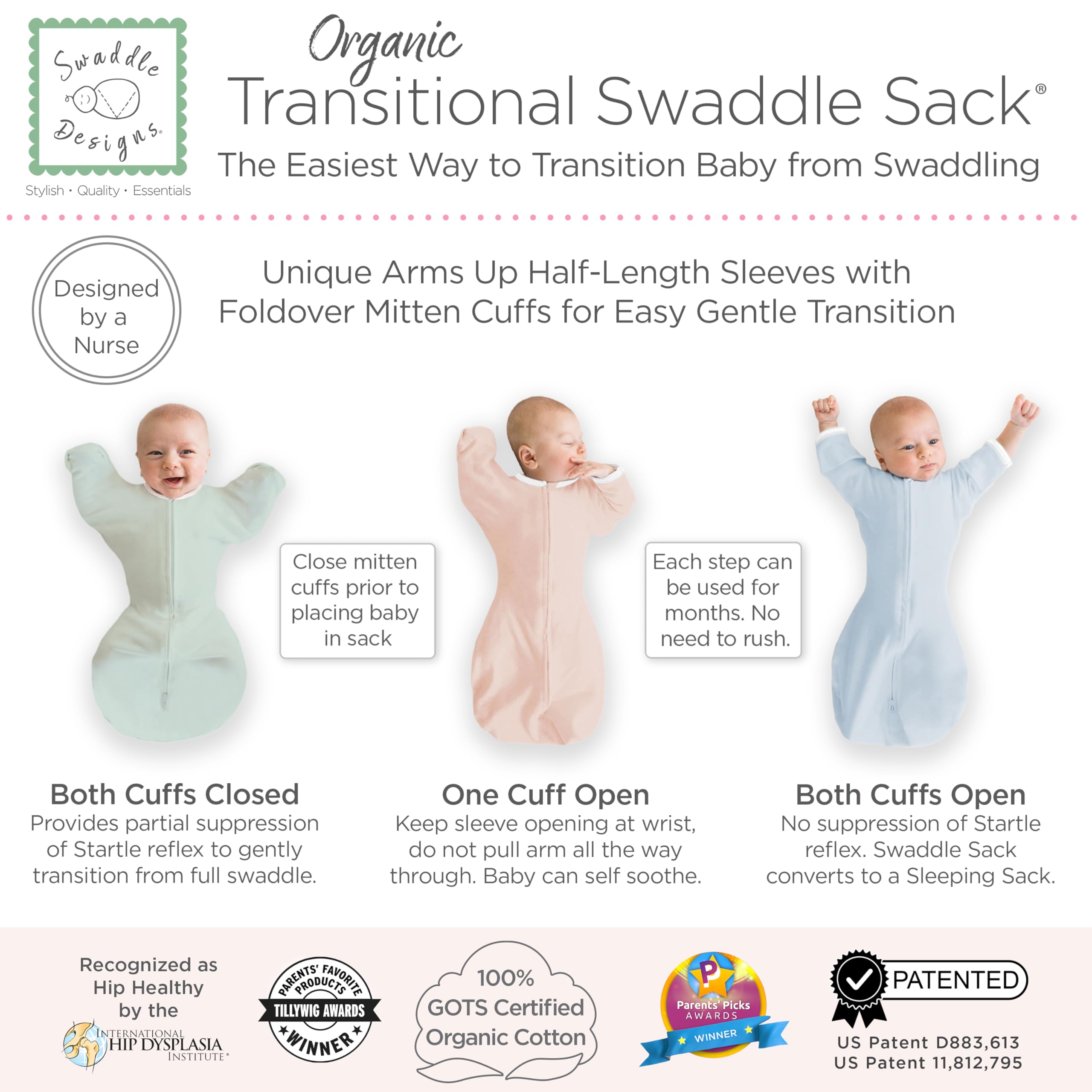 SwaddleDesigns two-way zipper with guard for easy diaper changes.