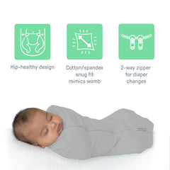 SwaddleMe Pod fits 0-2 months, up to 26 inches in length.