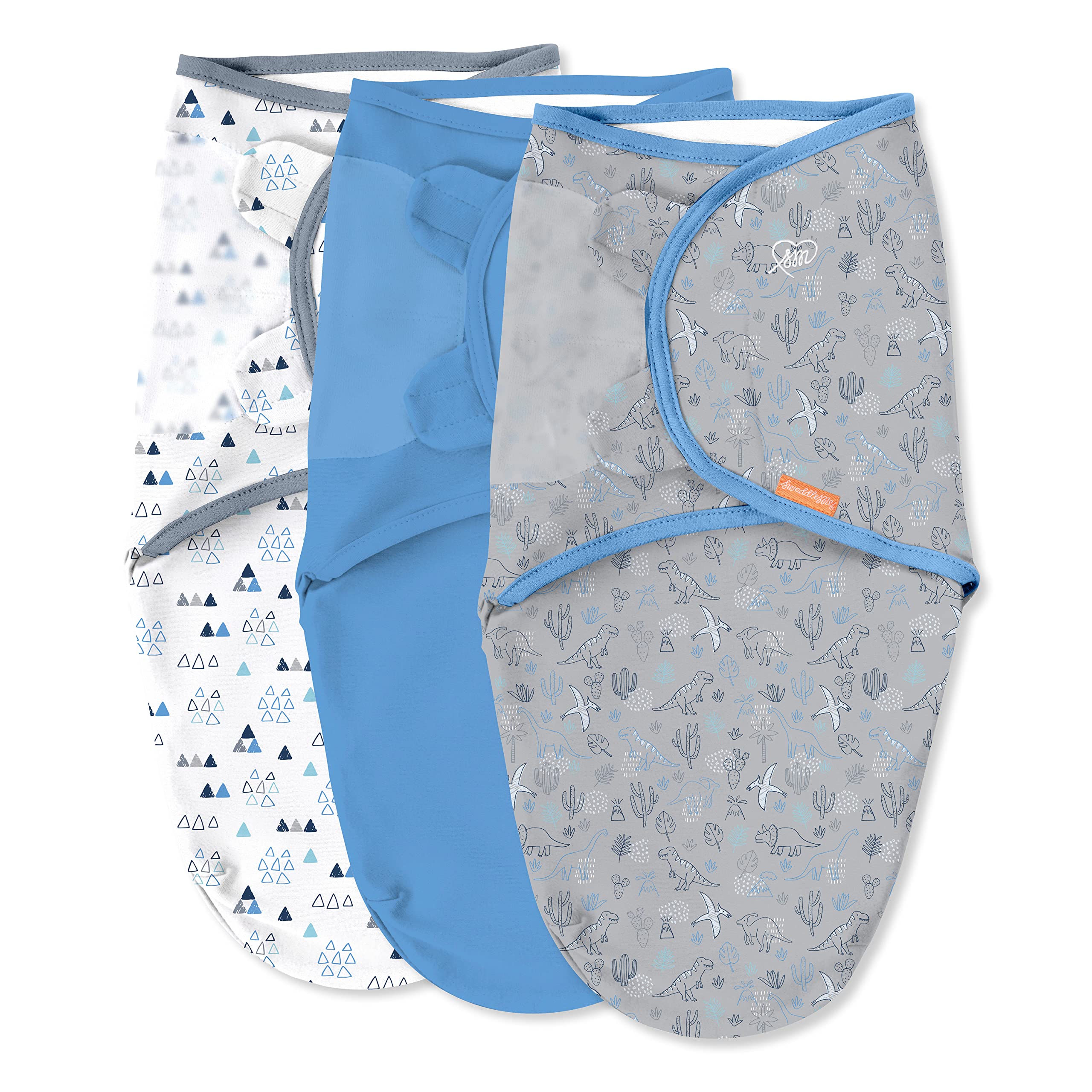 SwaddleMe Dino Time original swaddle; snug fit helps calm baby for sleep.
