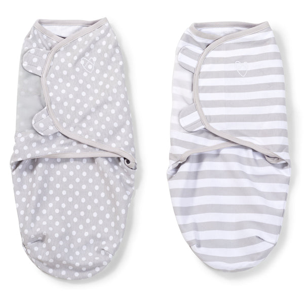 SwaddleMe Original Swaddle small grey dot stripe front view for a snug newborn fit