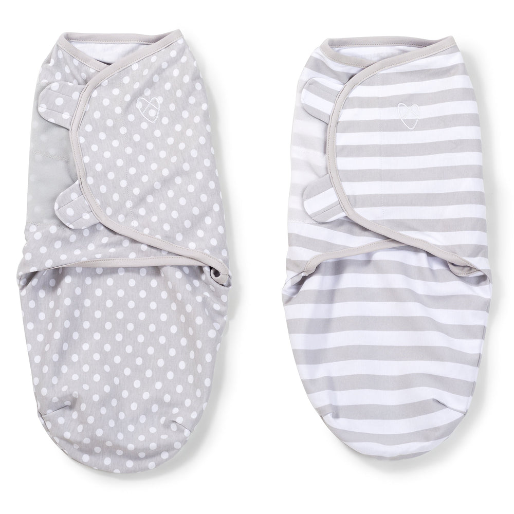 SwaddleMe Original Swaddle small grey dot stripe front view for a snug newborn fit