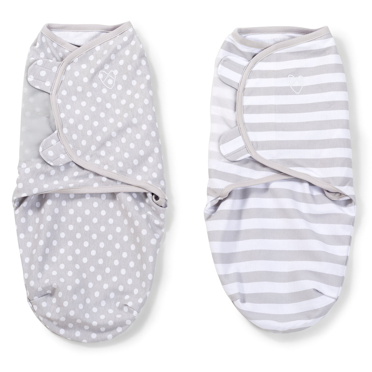 SwaddleMe Original Swaddle small grey dot stripe front view for a snug newborn fit