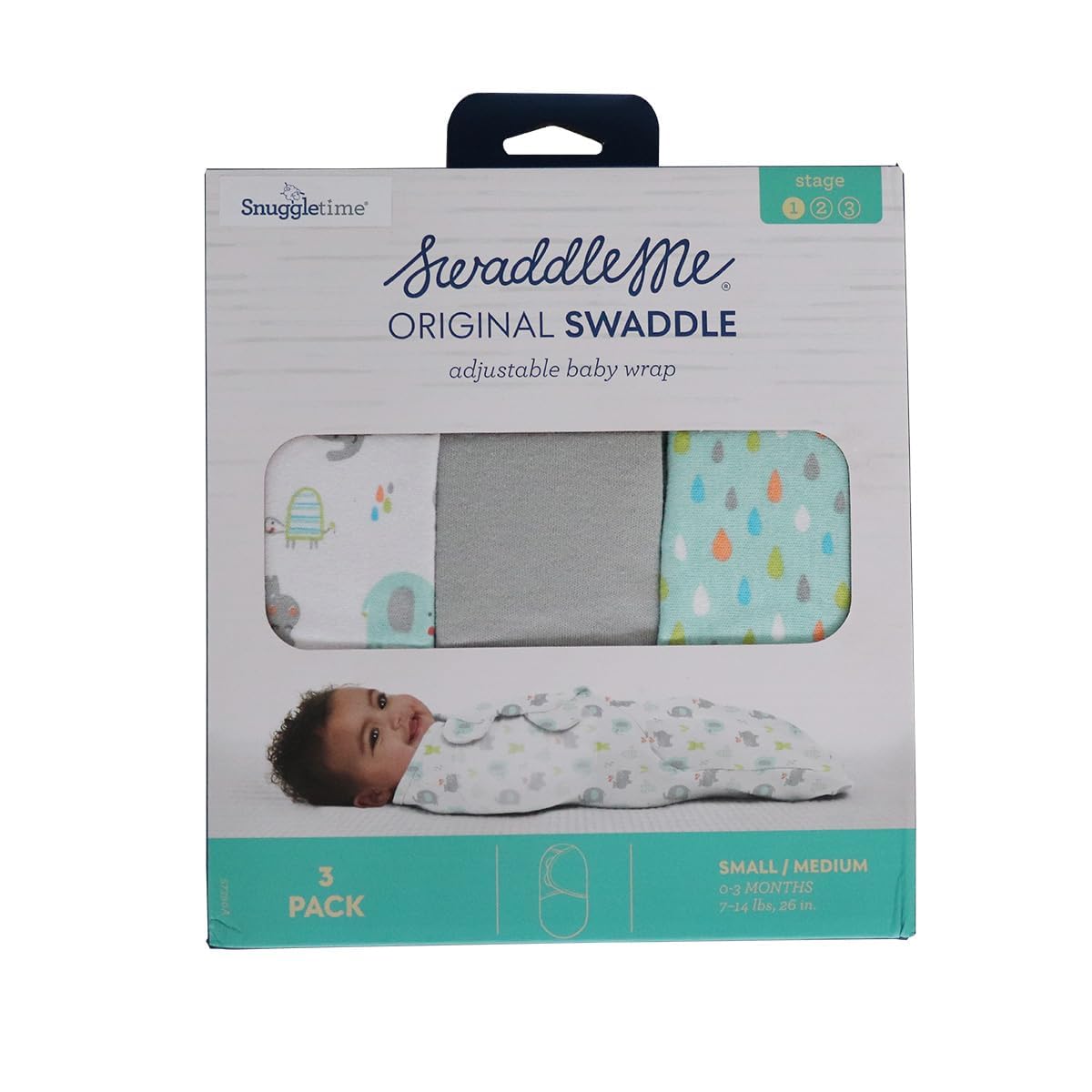 SwaddleMe Original Swaddle small-medium-size fits 0-3 months, 7-14 lbs, up to 26 inches.