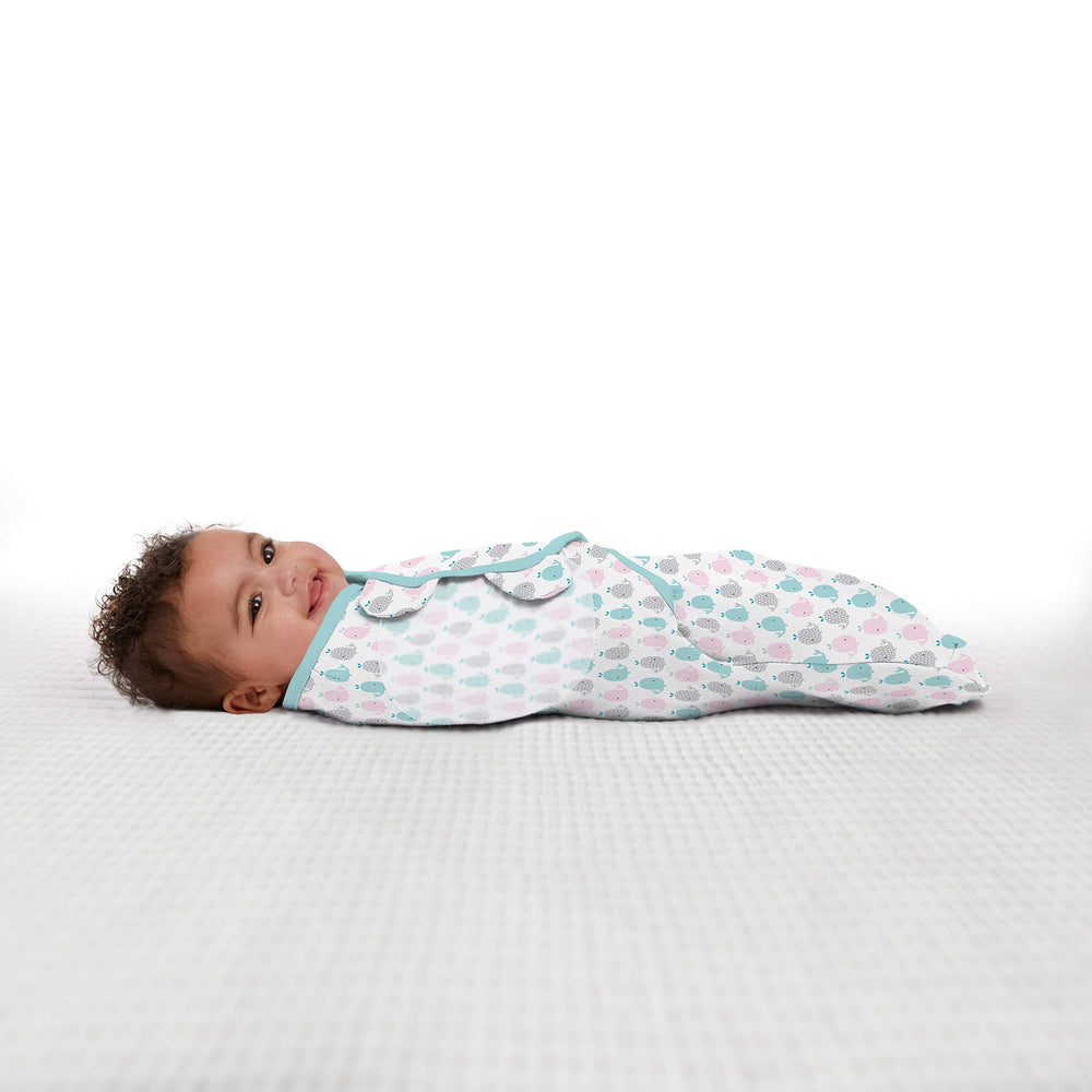 Soft cotton fabric for breathable comfort with SwaddleMe polka whale.