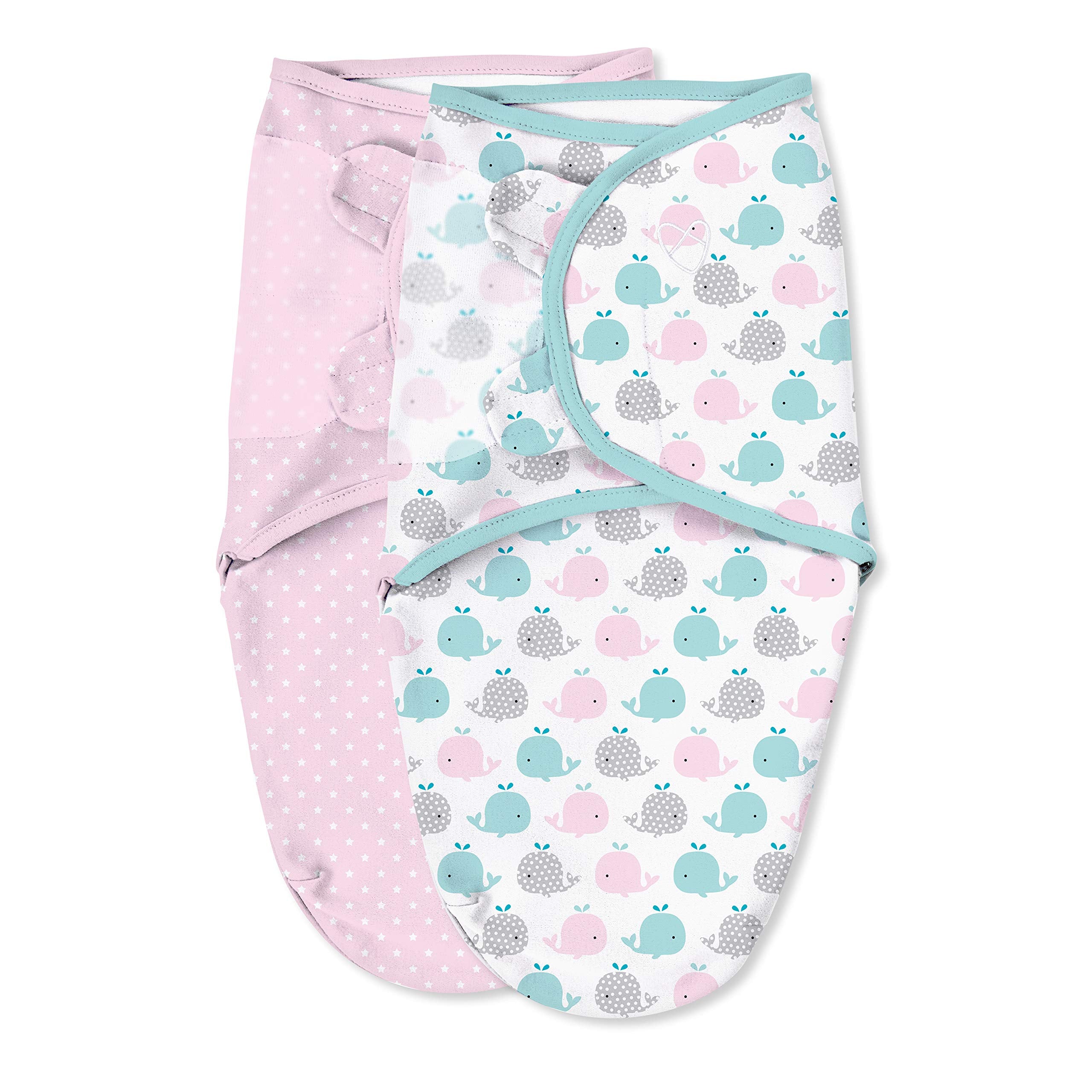 SwaddleMe Original Swaddle, small pink polka whale, front view for a snug newborn fit.
