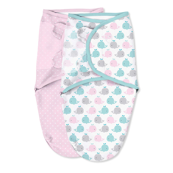 SwaddleMe Original Swaddle, small pink polka whale, front view for a snug newborn fit.