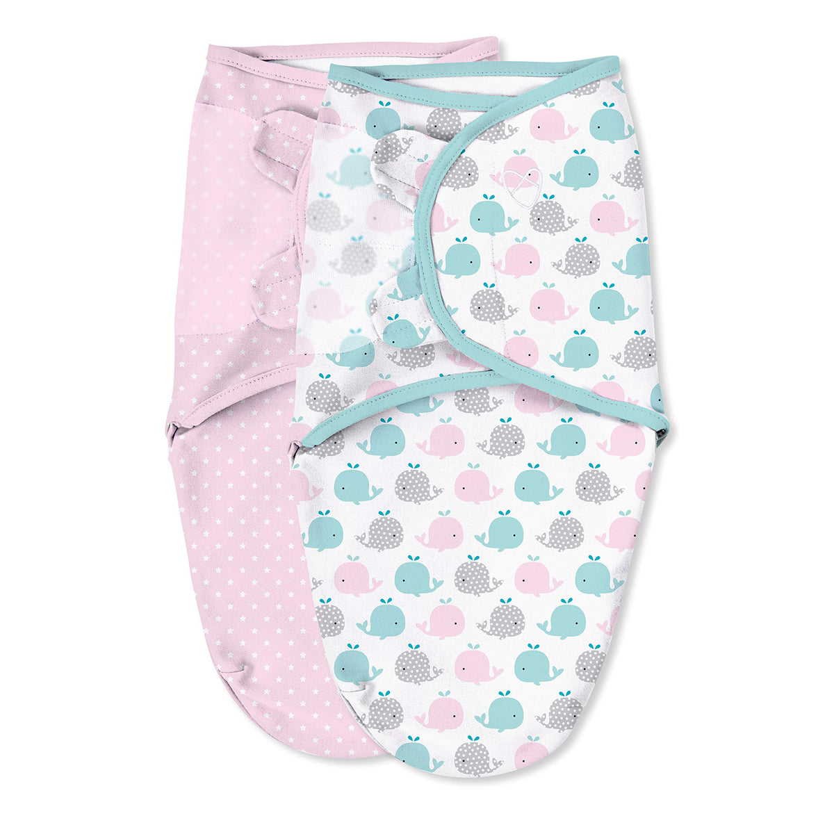 SwaddleMe Original Swaddle, small pink polka whale, front view for a snug newborn fit.