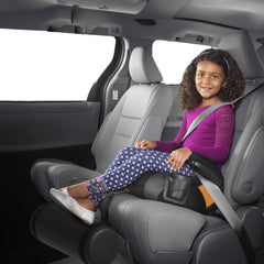 Adjustable-fit Swanoo foot rest shown on a booster seat for growing kids
