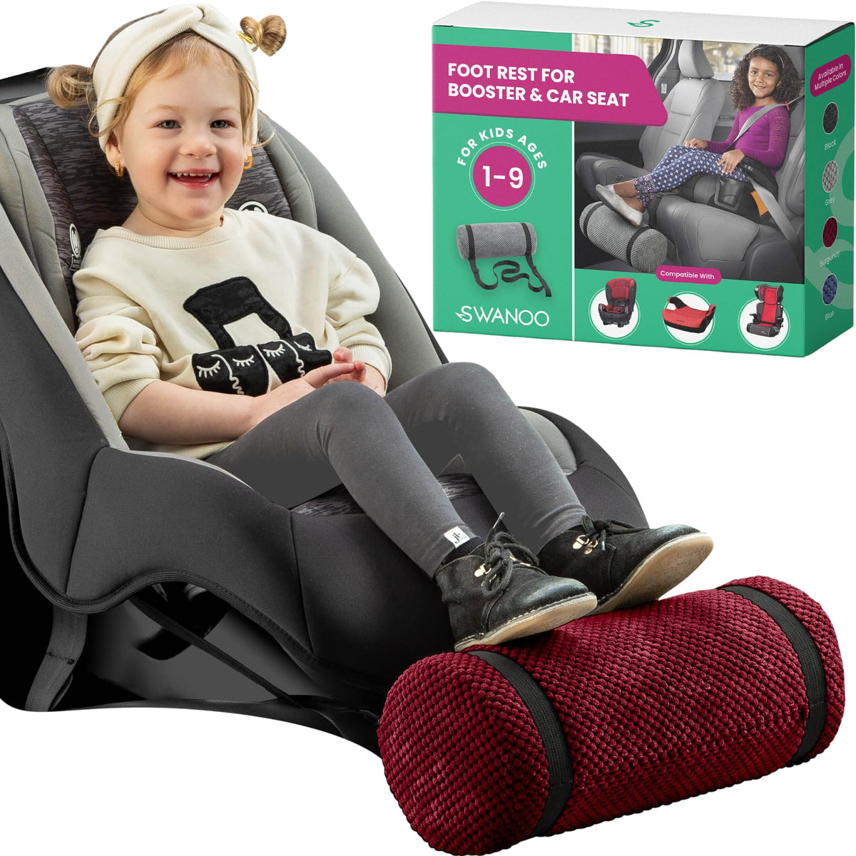Swanoo car seat foot rest base attachment provides stable support for growing legs.