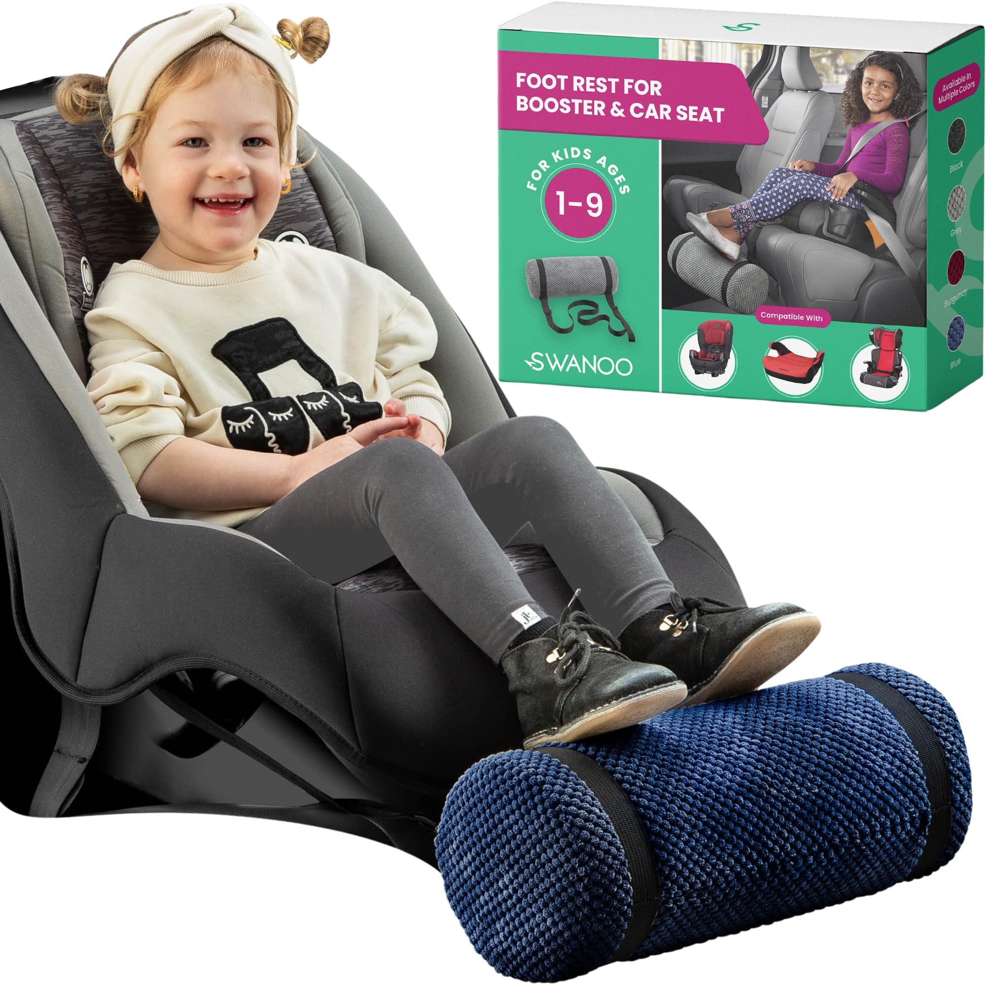 Swanoo car seat foot rest for kids with plush cushion offering comfy foot support