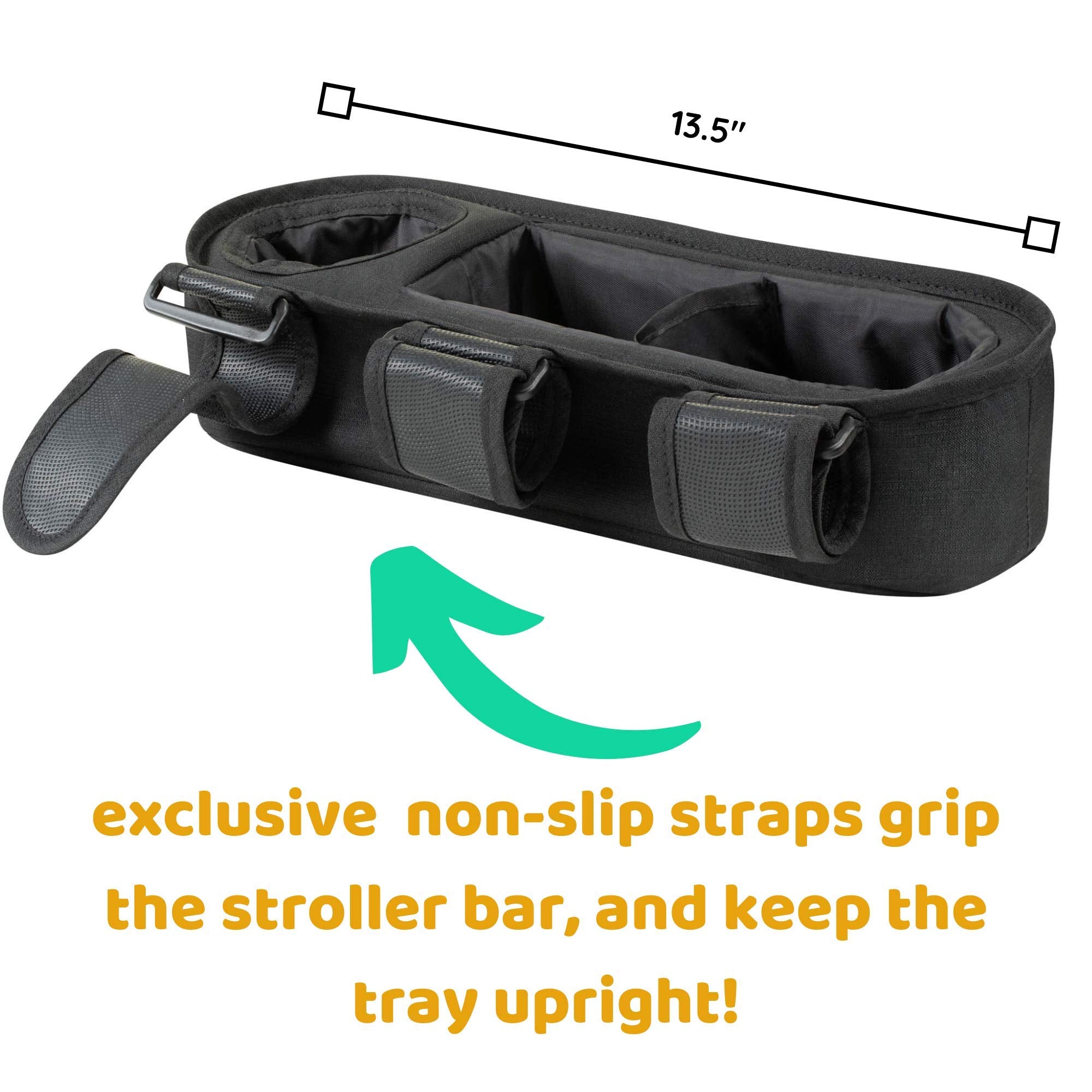 Swanoo non-slip straps grip the stroller bar to stay upright.