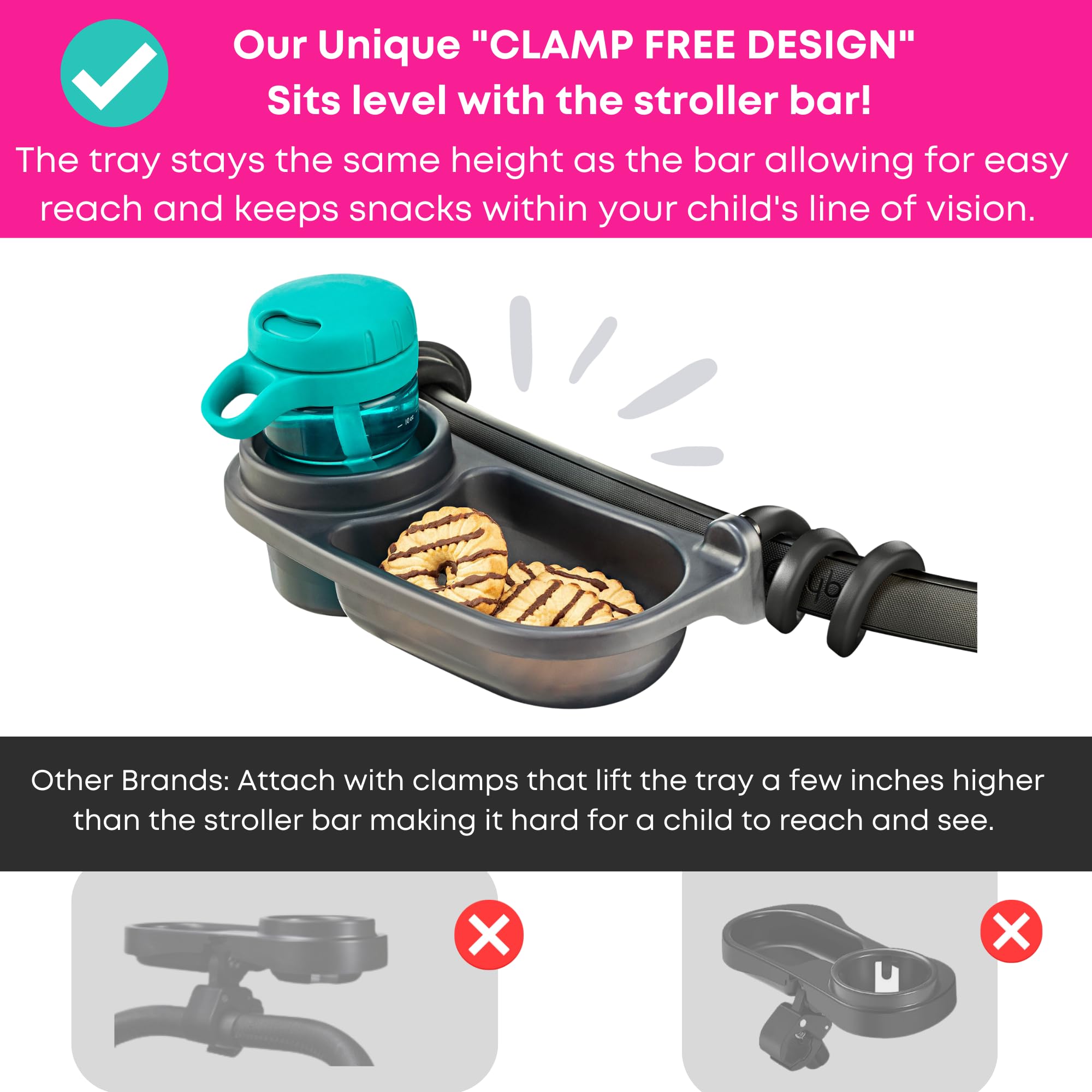 Swanoo universal tray demonstrates compatibility with multiple stroller brands.