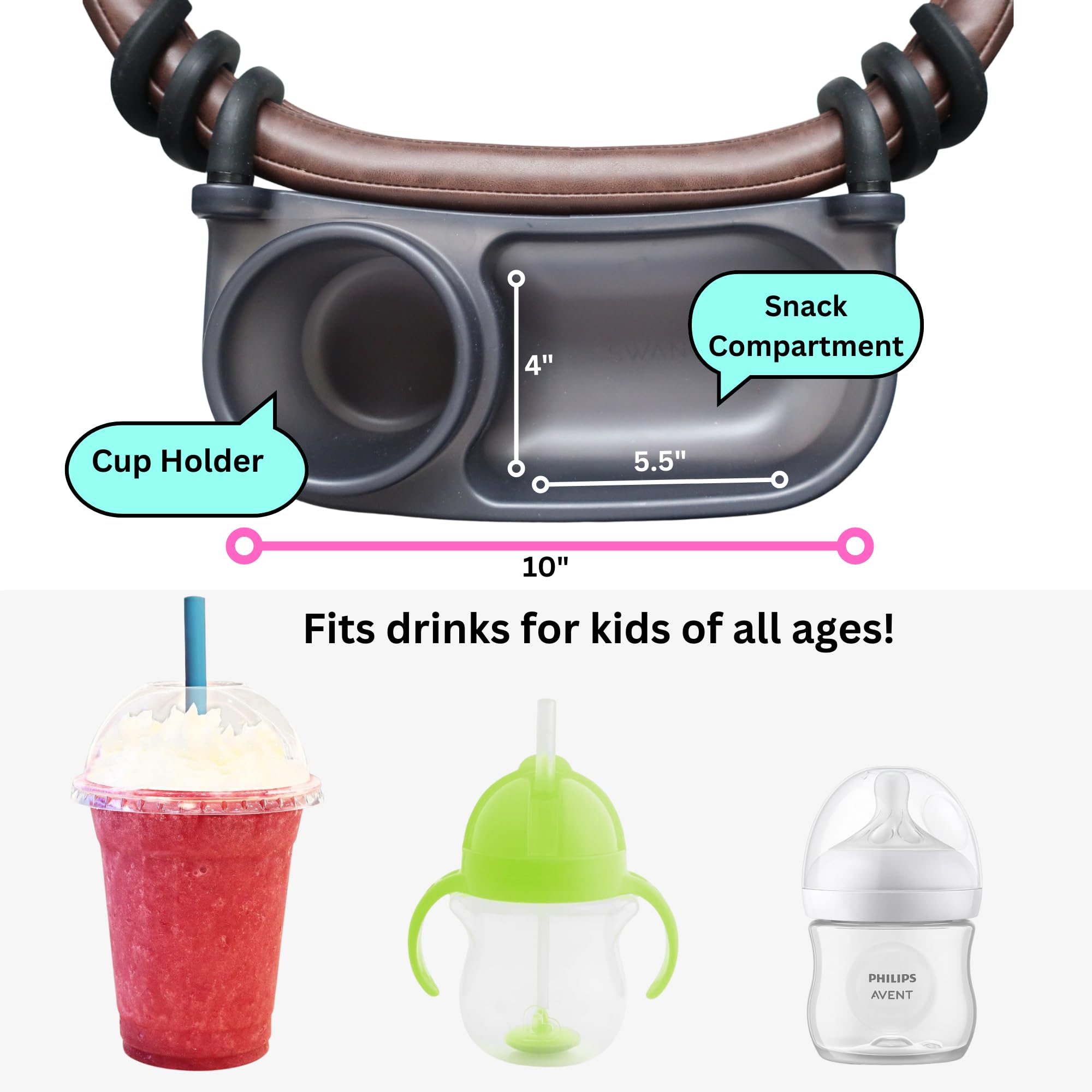 Ergonomic food compartments on the Swanoo snack tray for little hands.