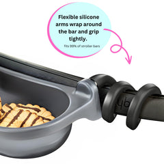 Swanoo stroller tray showing silicone grip arms for secure mounting.