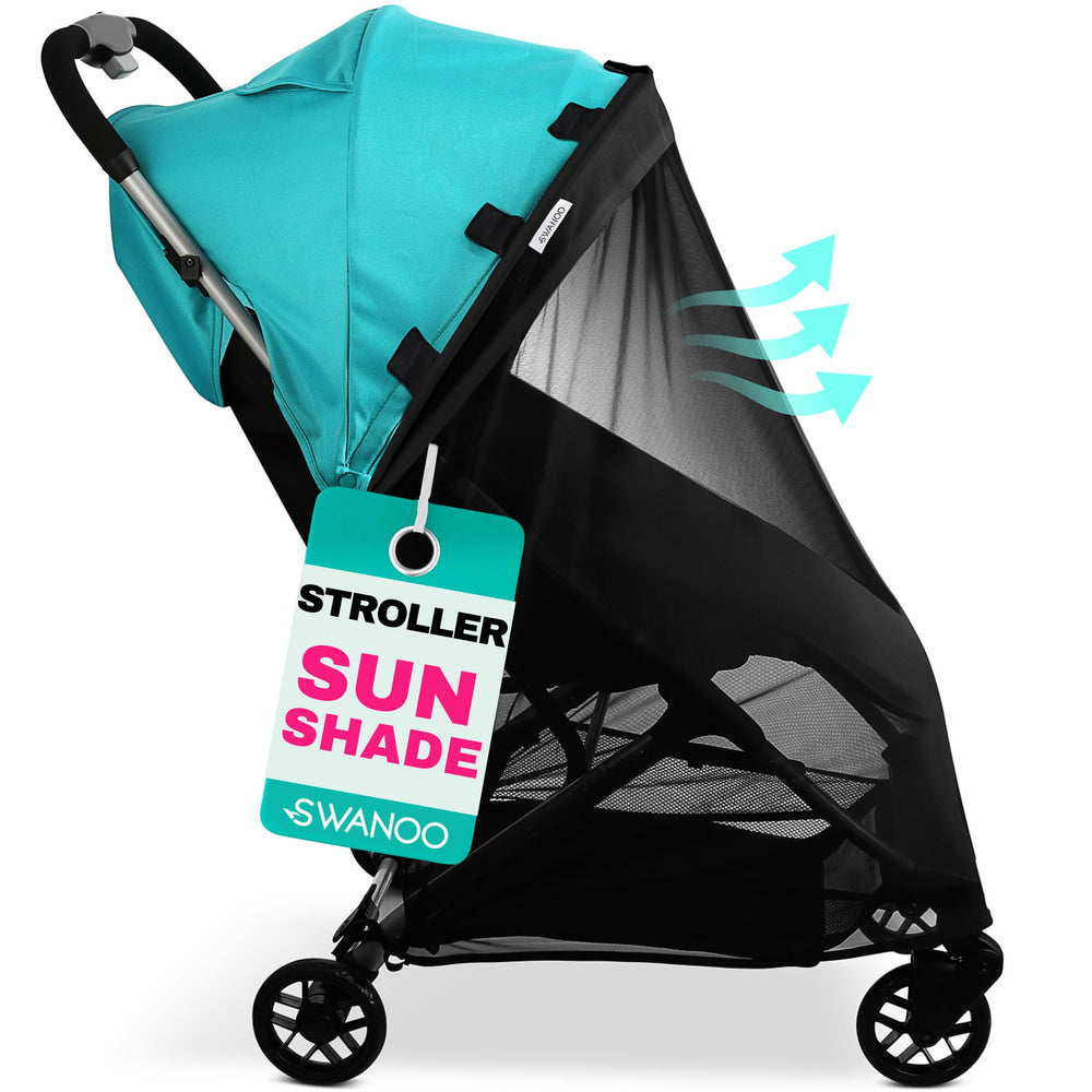 Swanoo stroller sun shade cover with magnetic attachment for quick setup.