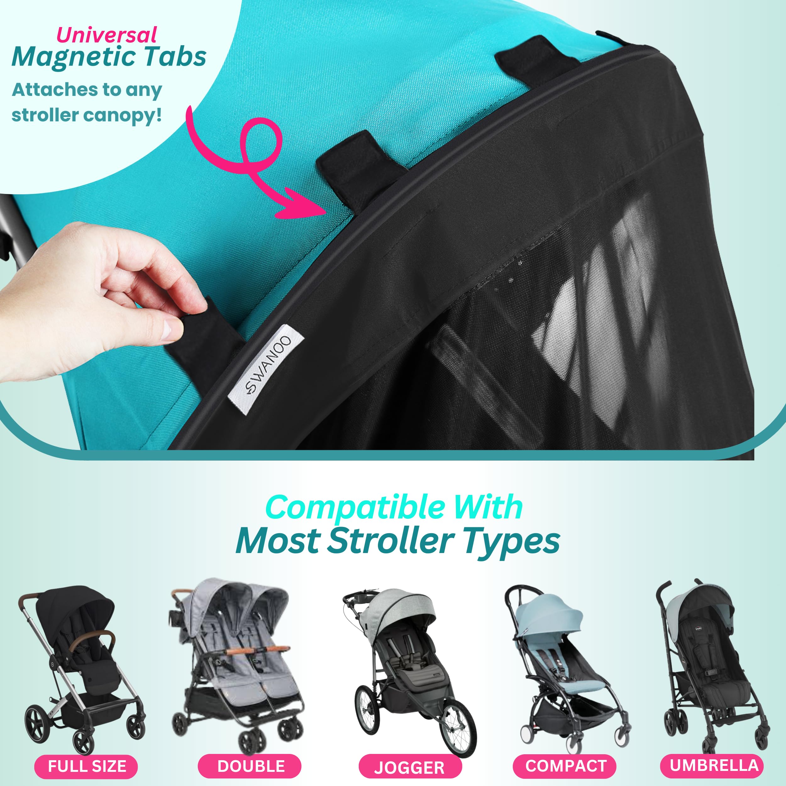 Swanoo mosquito net keeps bugs away during outdoor strolls.