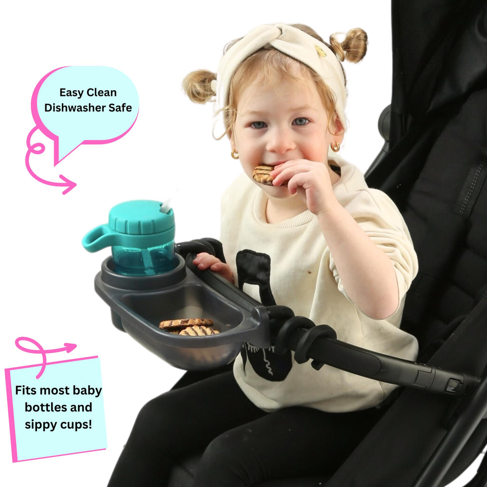 Easy-mount design shown on a stroller bar for quick attachment.