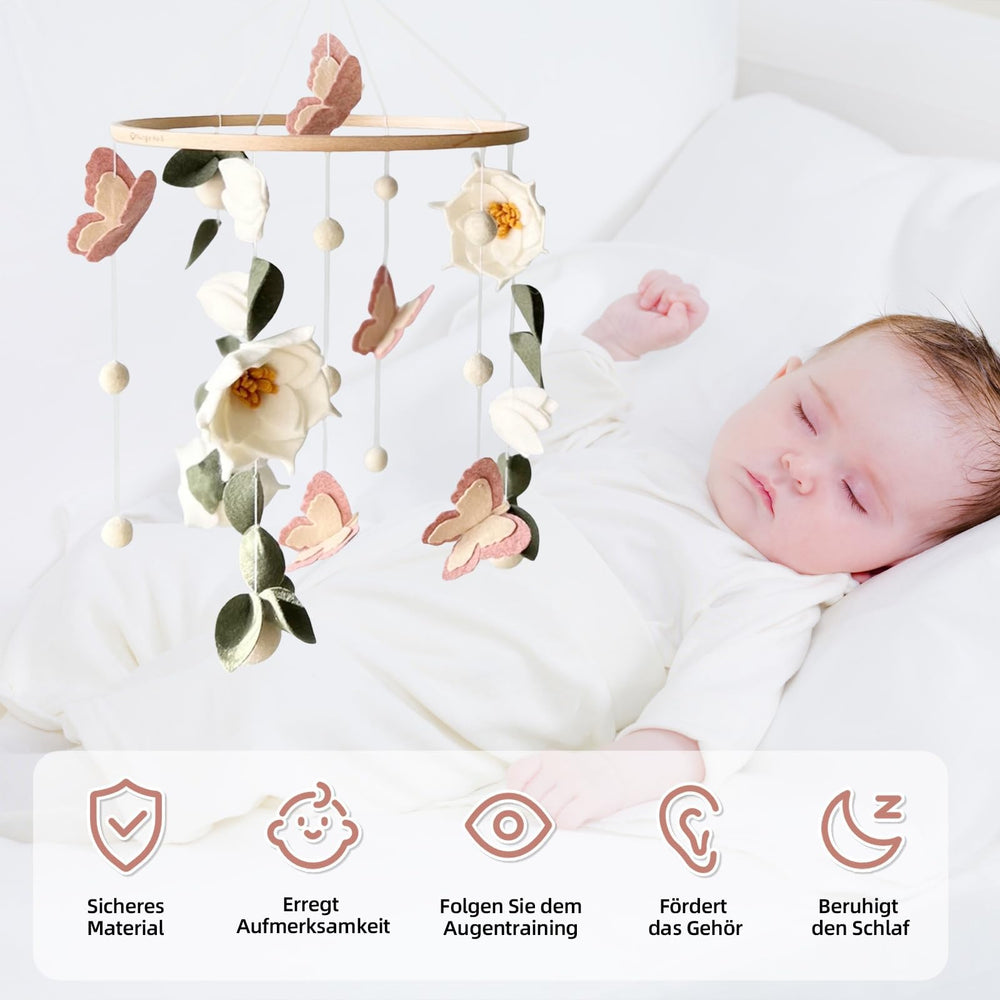 SWECOMZE floral mobile over the crib provides gentle movement for a soothing visual centerpiece.