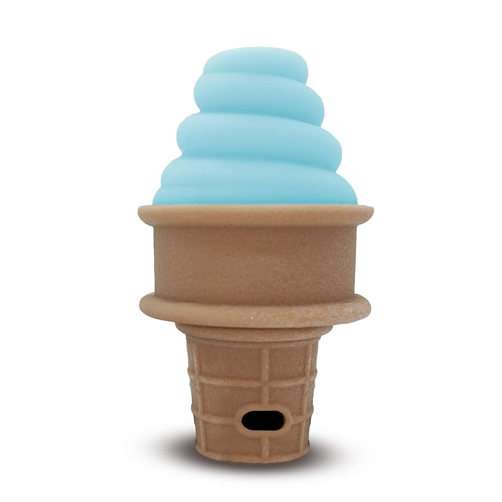 SweeTooth ice cream cone teether top view, ergonomic grip for tiny hands.