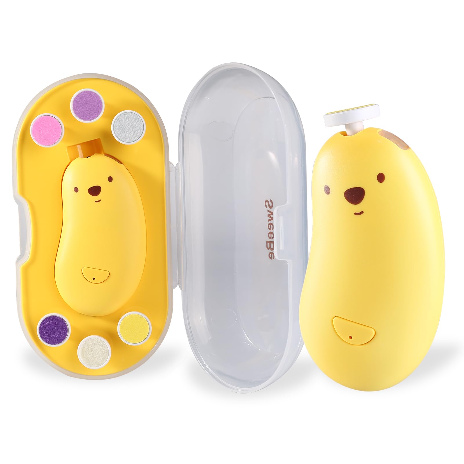 SweeBe baby nail file front view in yellow for gentle infant grooming.