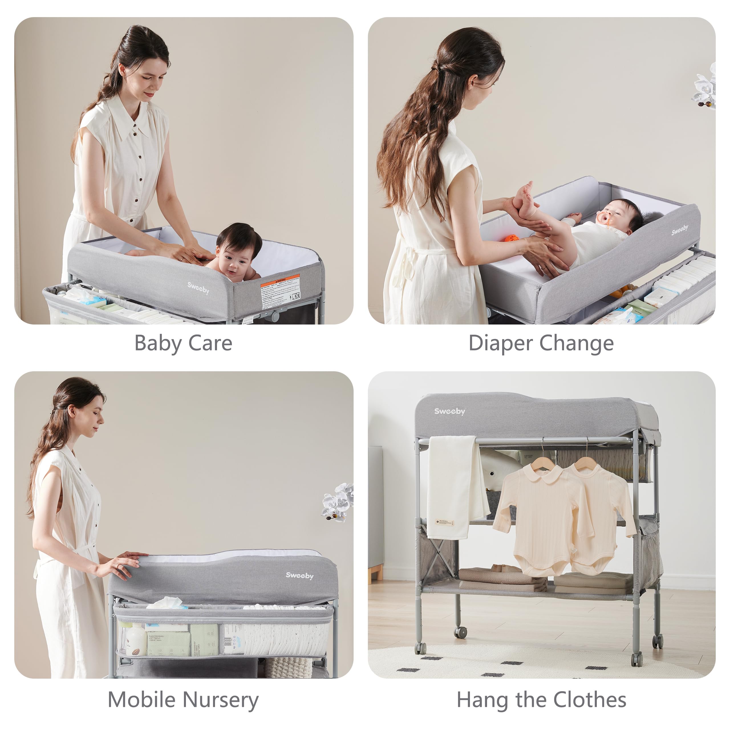 Sweeby changing table on wheels allows quiet, smooth movement between rooms