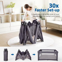 Sweeby Playpen full-body fold enables easy transport and storage