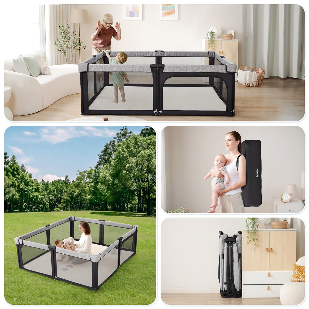 Sweeby indoor-outdoor playpen fits versatile spaces and easy setup.
