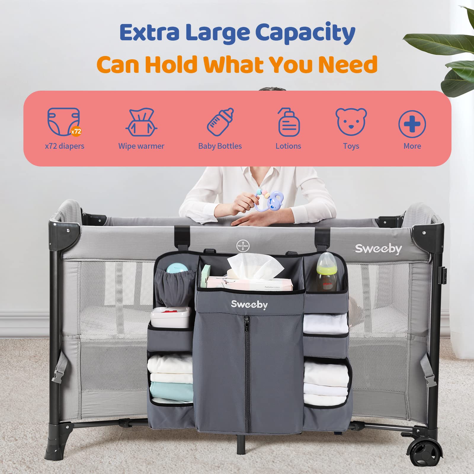 Sweeby caddy deep pockets secure wipes and creams within arm's reach