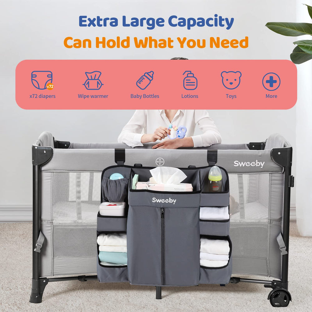 Sweeby caddy deep pockets secure wipes and creams within arm's reach