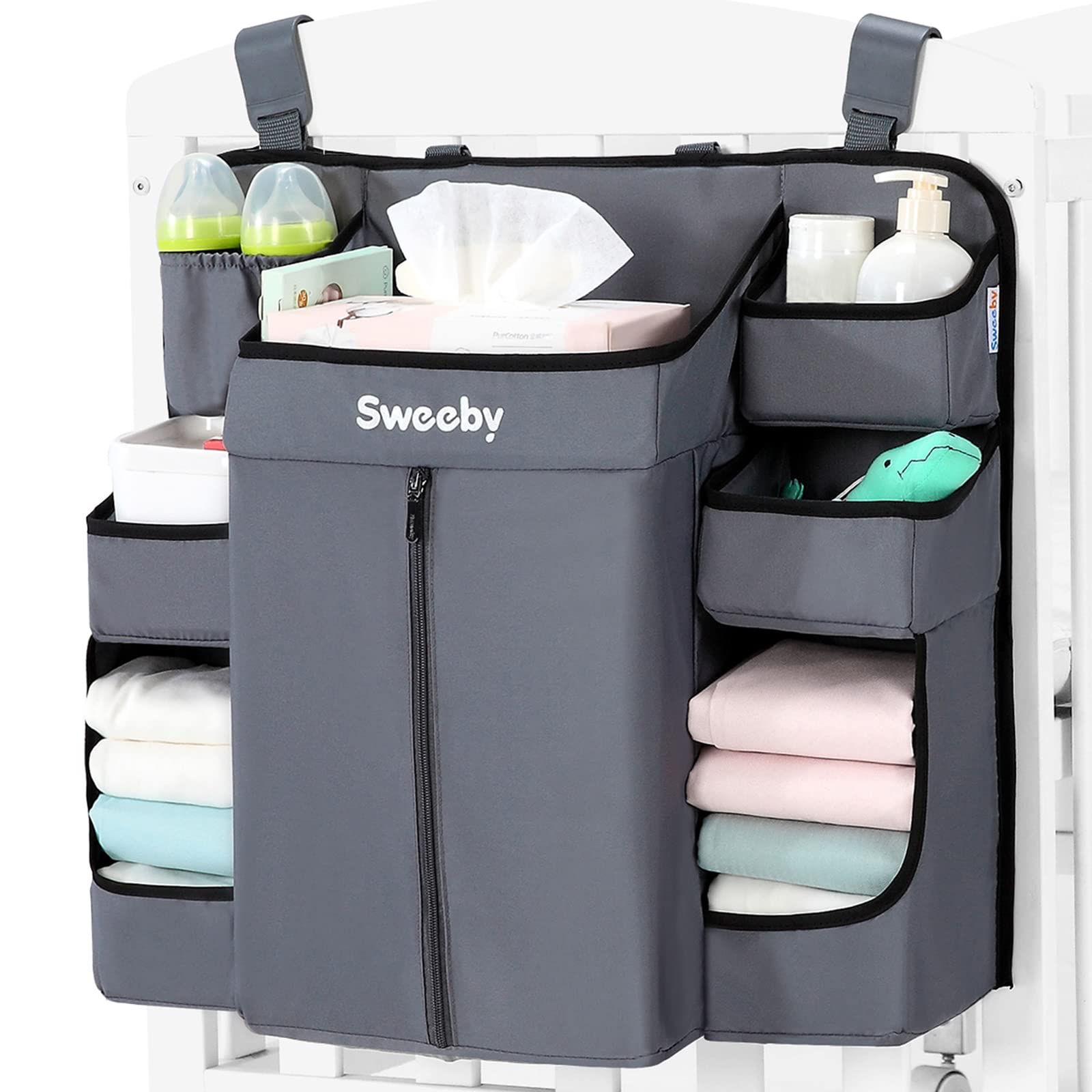 Sweeby diaper caddy hanging on a changing table for quick, organized access to baby essentials