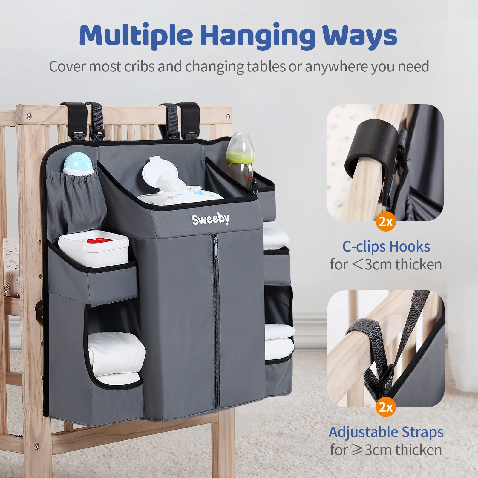 Sweeby organizer offers two clips and adjustable straps for versatile mounting