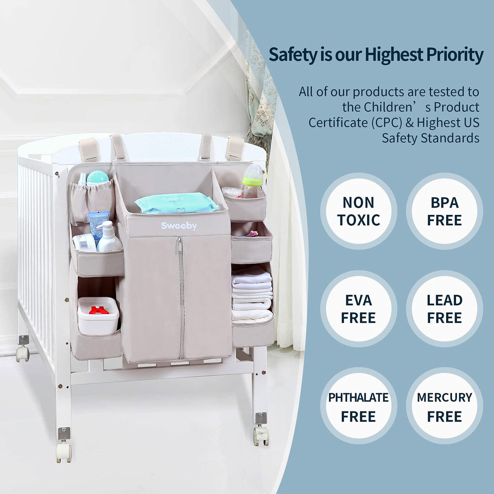 Sweeby diaper organizer kept within arm's reach during changes in nursery