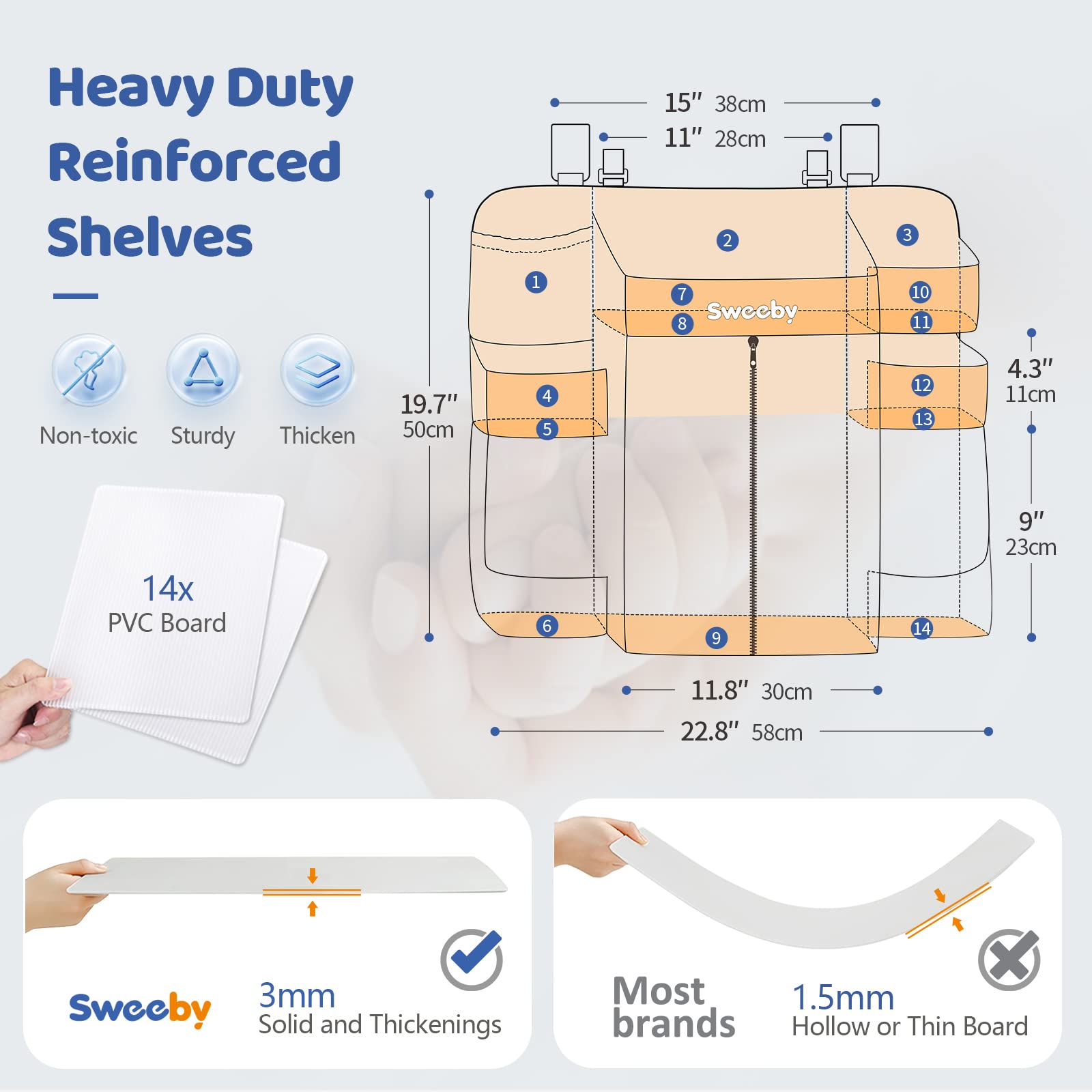 Durable 300D polyester fabric and sturdy shelf in Sweeby organizer