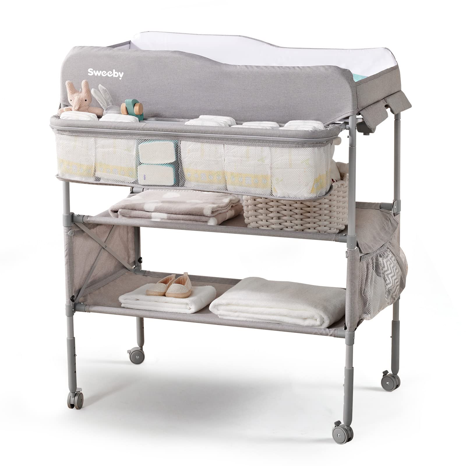 Sweeby portable baby changing table with foldable dresser for space-saving transport