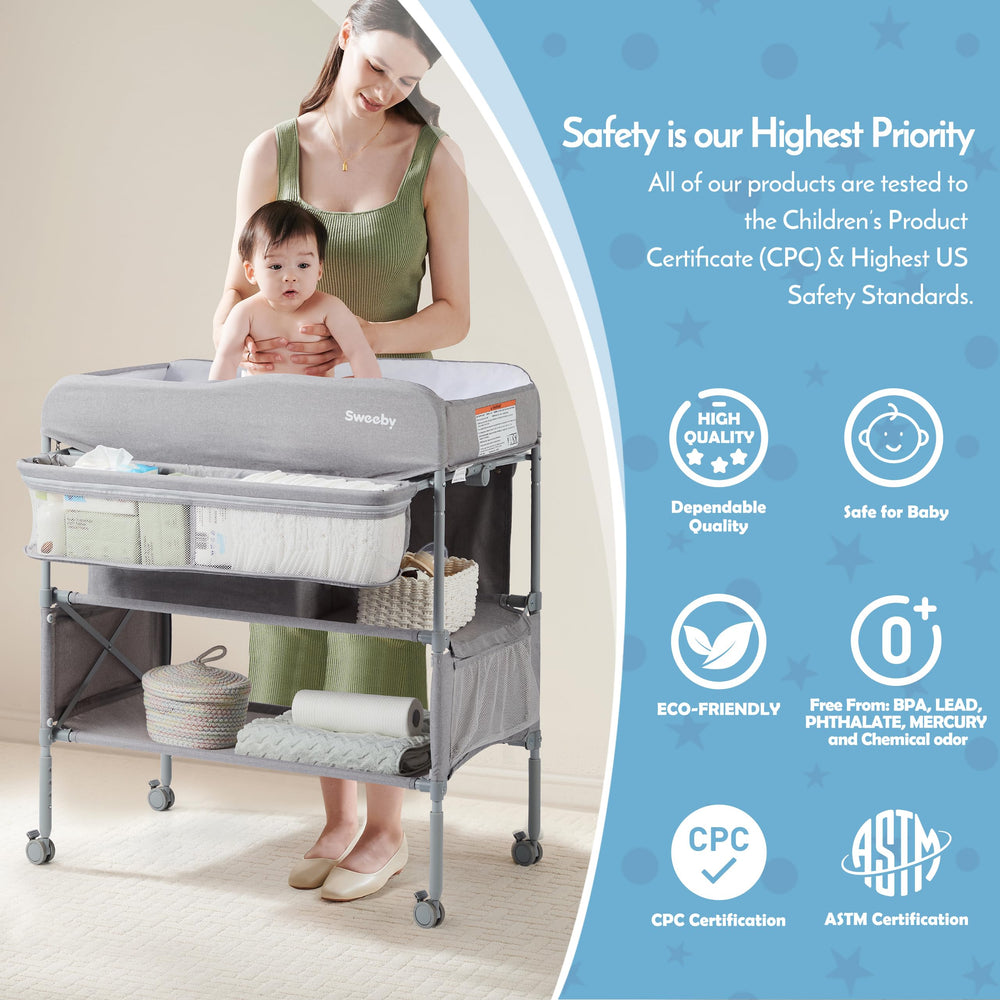 Sweeby two-side pockets and basket organize diapers, wipes, and creams