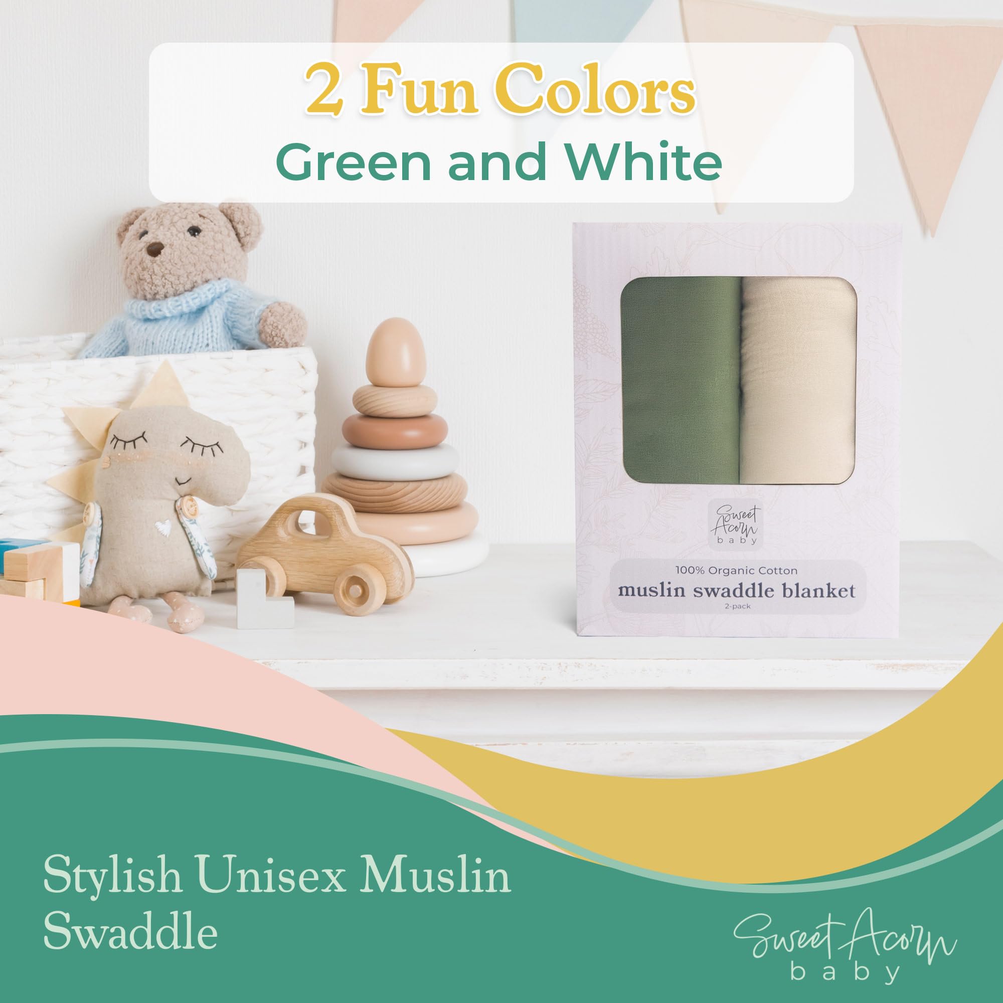 Sweet Acorn muslin swaddle blanket on stroller, breathable fabric for all-season comfort