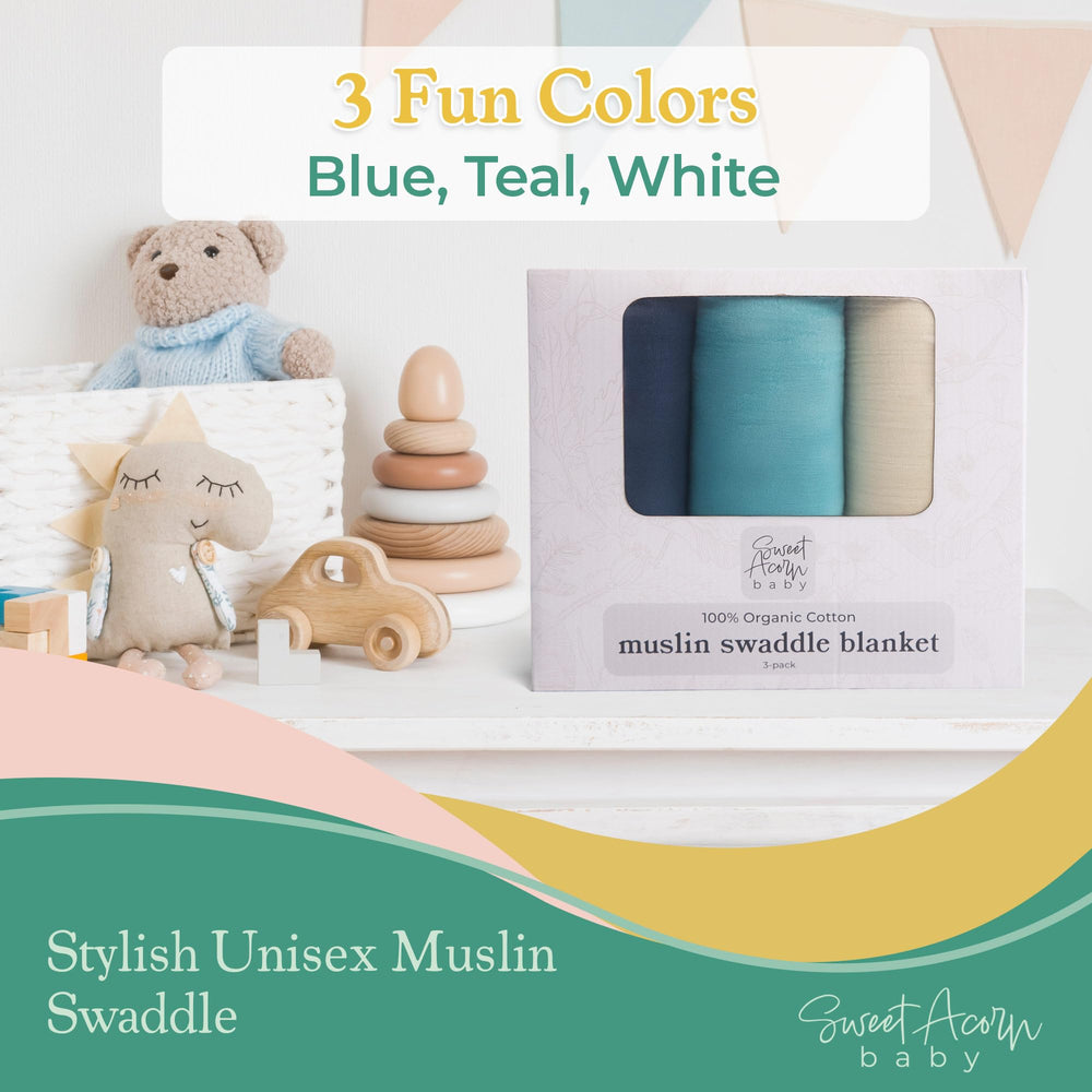 Sweet Acorn Muslin Swaddle Blanket teal folded highlights portability
