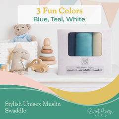 Sweet Acorn Muslin Swaddle Blanket teal folded highlights portability