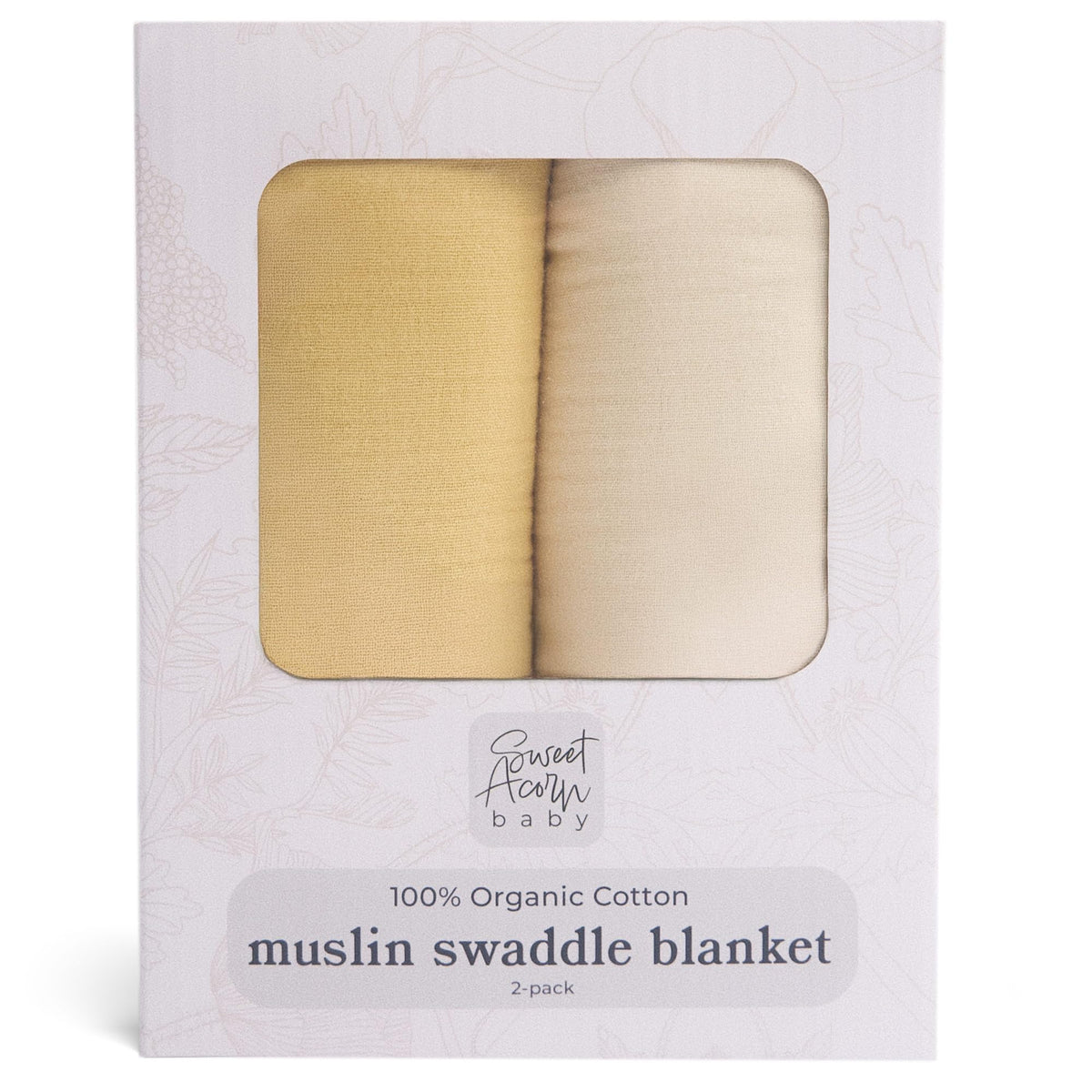 Sweet Acorn muslin swaddle blanket in yellow and white offering soft all-season comfort.