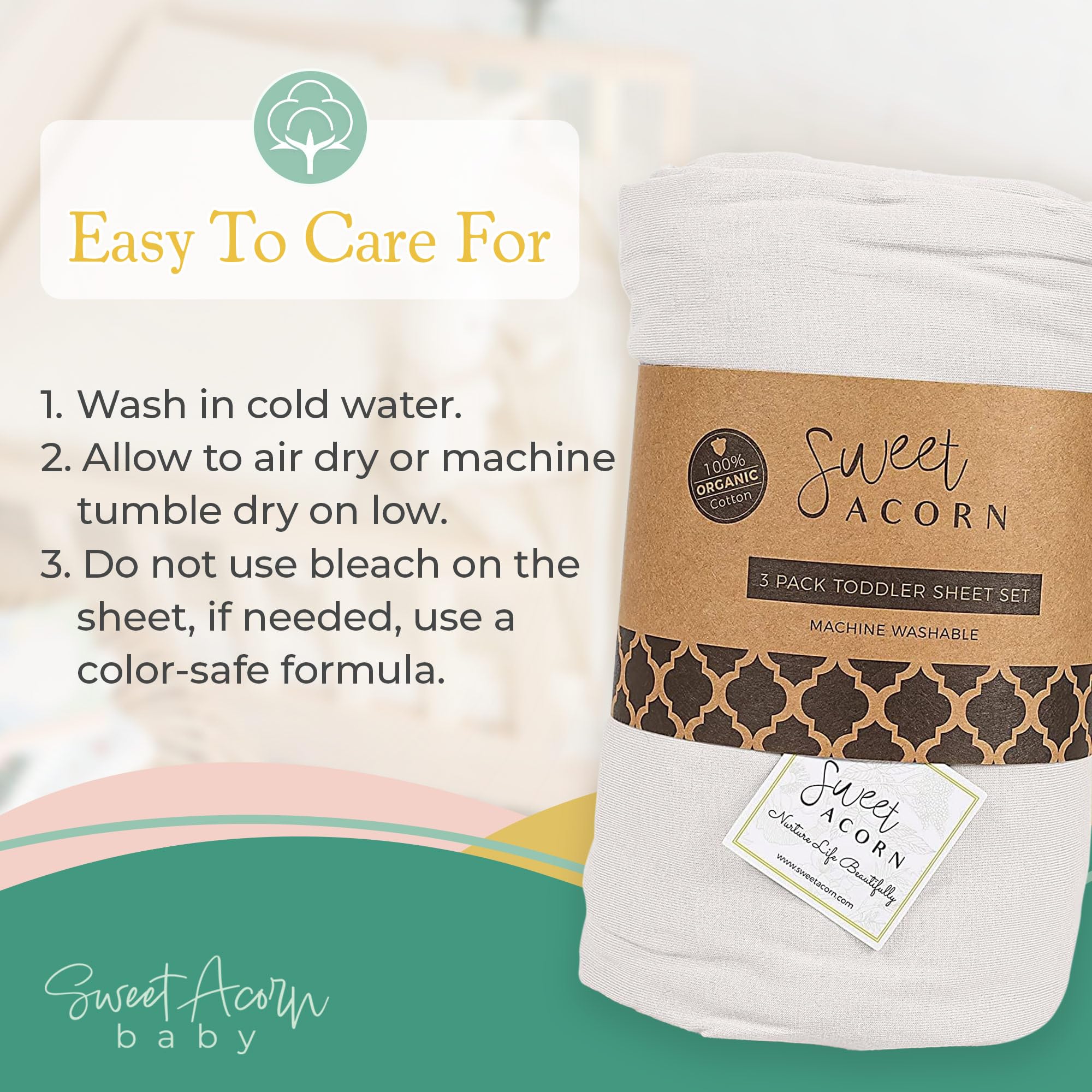 Sweet Acorn toddler bedding dimensions 9x28x52 image communicates ideal crib-toddler bed fit.