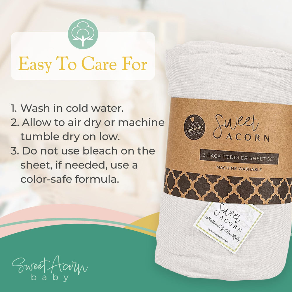 Sweet Acorn toddler bedding dimensions 9x28x52 image communicates ideal crib-toddler bed fit.
