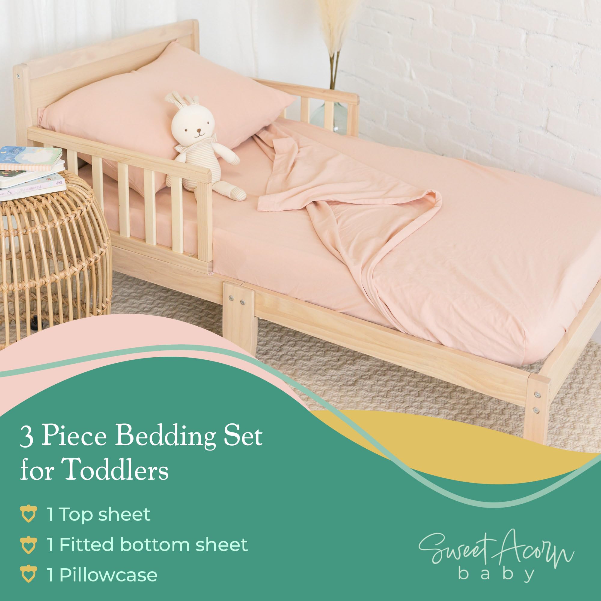 Sweet Acorn elastic-all-around bedding image demonstrates secure fit around standard crib mattress.