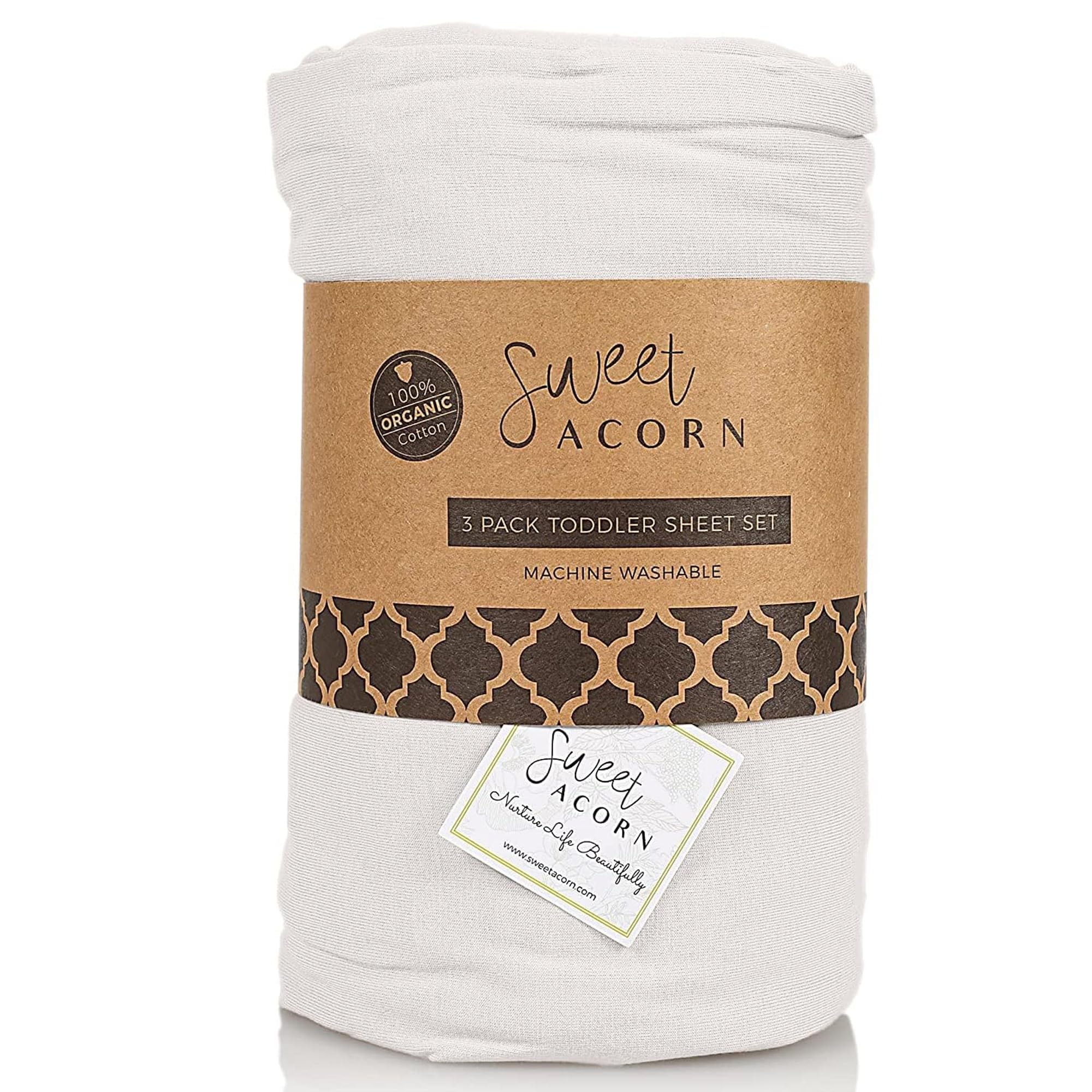 Sweet Acorn toddler bedding pillowcase detail emphasizes soft, breathable jersey knit for cozy nights.