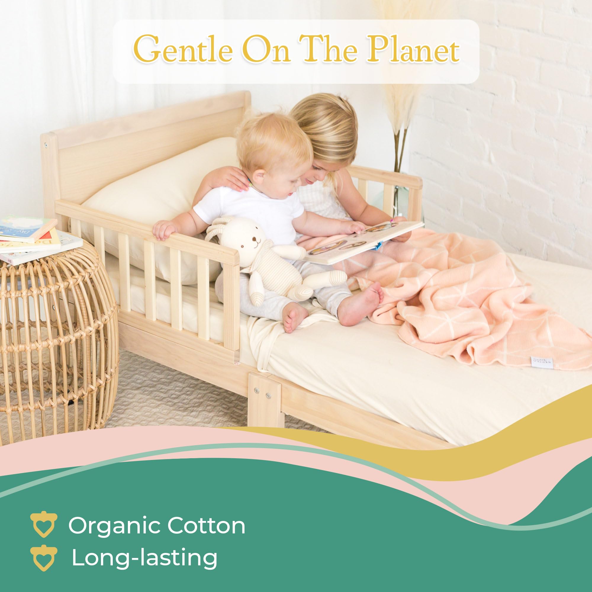 Sweet Acorn toddler bedding set top sheet with fitted bottom provides snug, smooth layers for restful sleep.