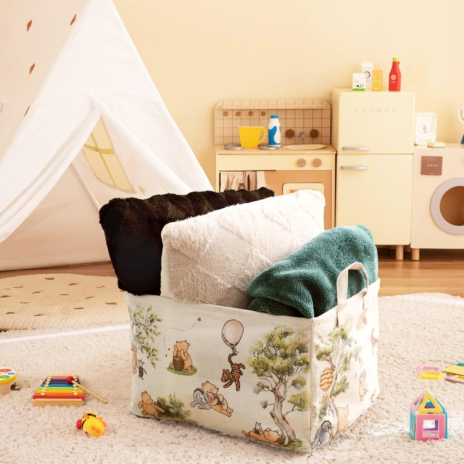 Sweet Baby Company Winnie Pooh decor basket adds charm to shelves and closets.