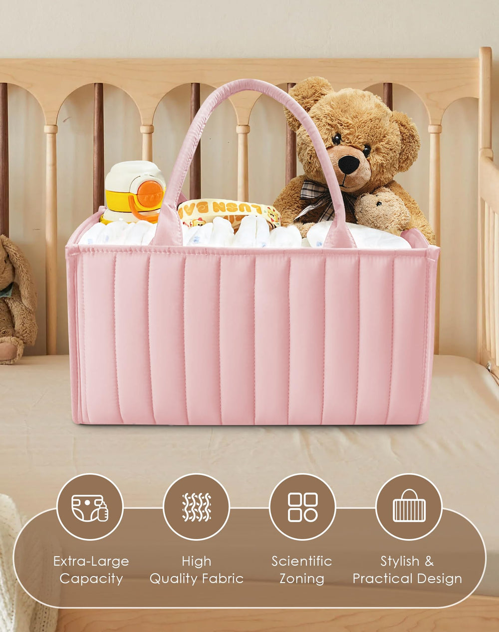 Sweet Dolphin Diaper Caddy car travel setup keeps essentials handy.