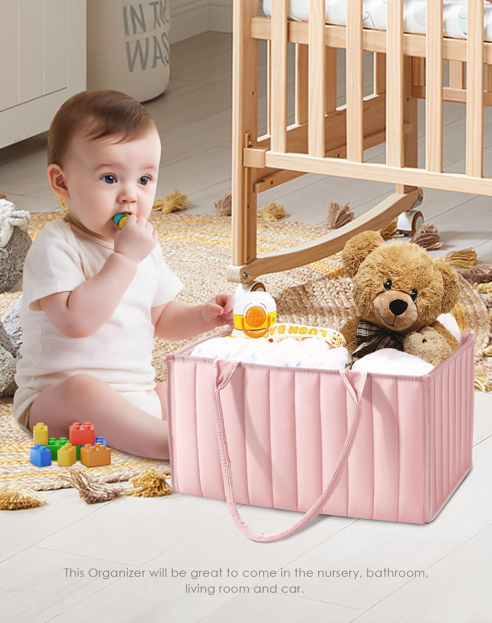 Sweet Dolphin Diaper Caddy with sturdy handles for easy room-to-room transport.