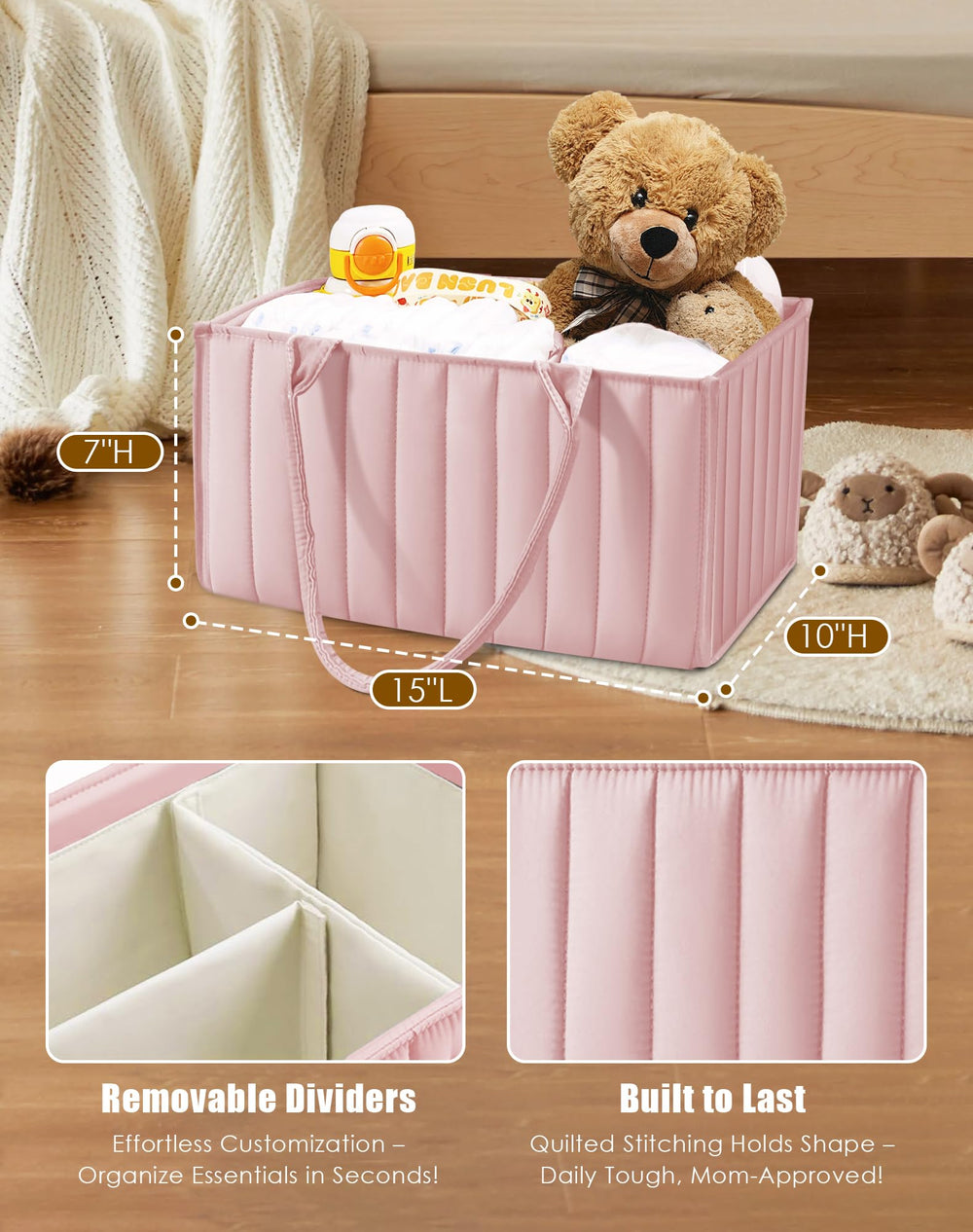 Sweet Dolphin Diaper Caddy removable dividers customize compartments for nursery and travel.