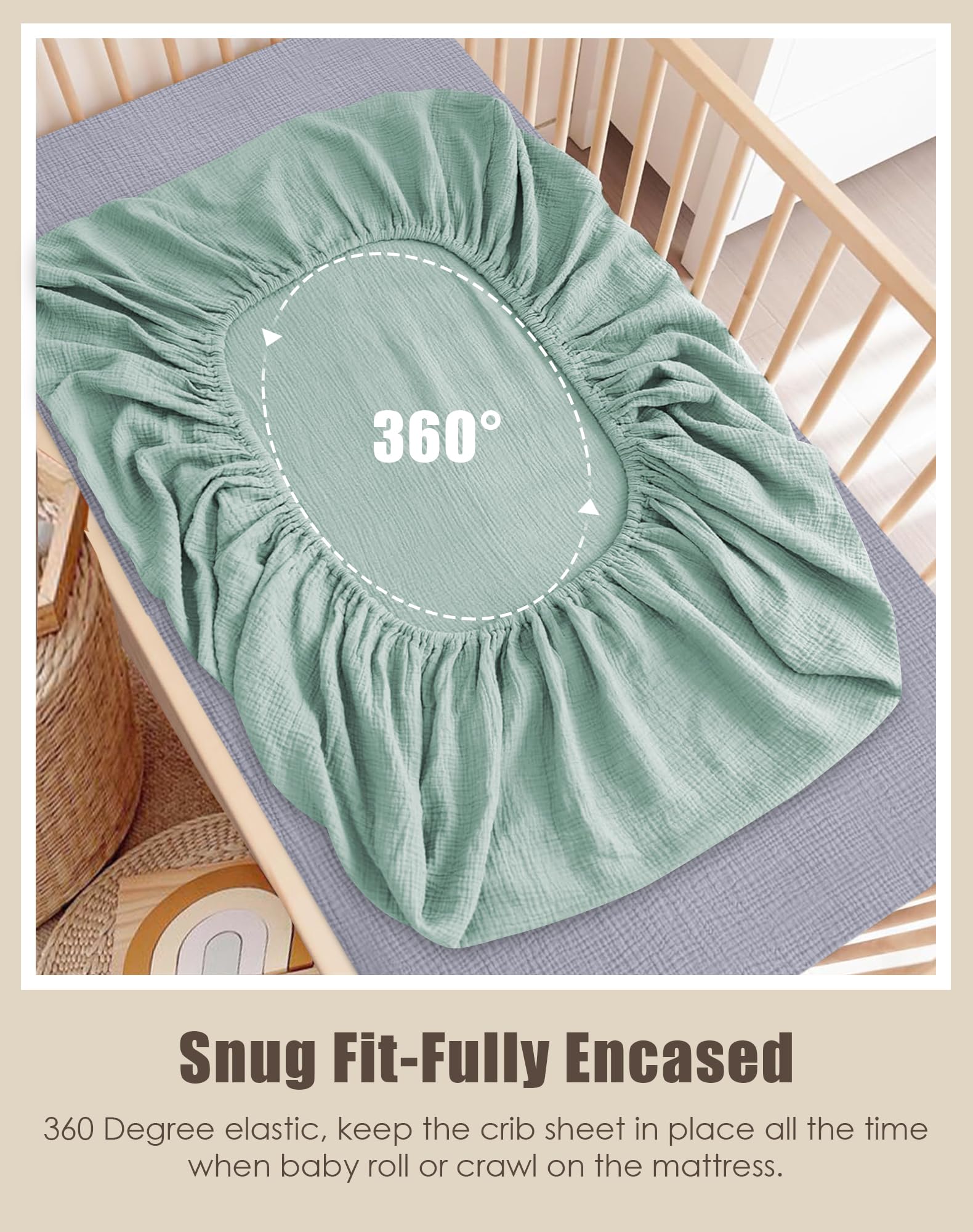 Sweet Dolphin fitted sheet secured on a standard crib mattress for a snug fit.